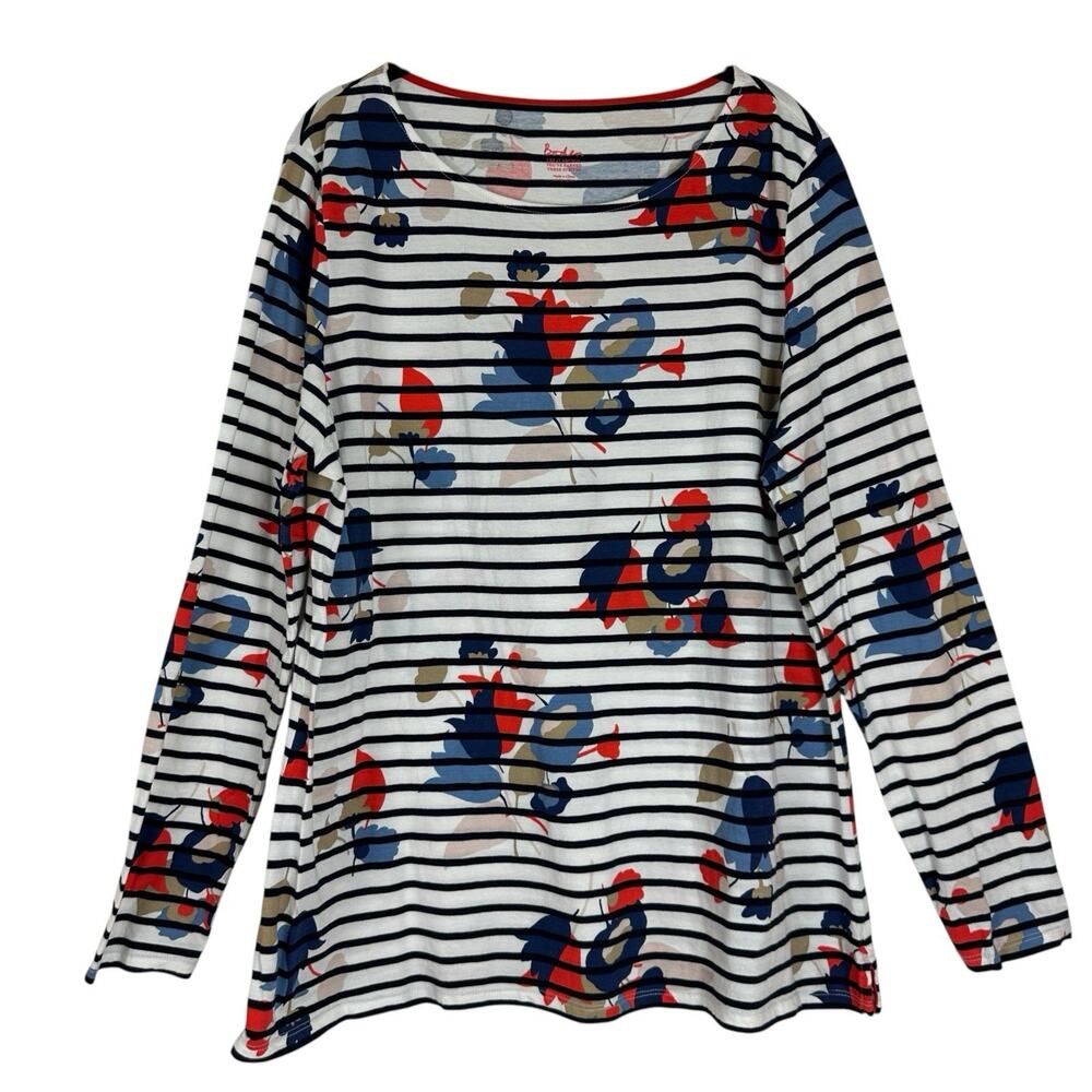 Boden Top Women Size 16 US Great Breton Stripe Navy Floral Cotton Tee Preppy